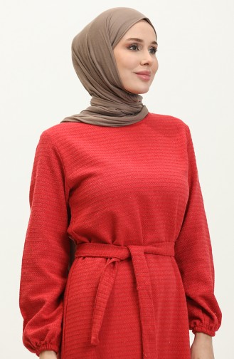 Tüvit Kumaş Kuşaklı Elbise 0275-09 Bordo