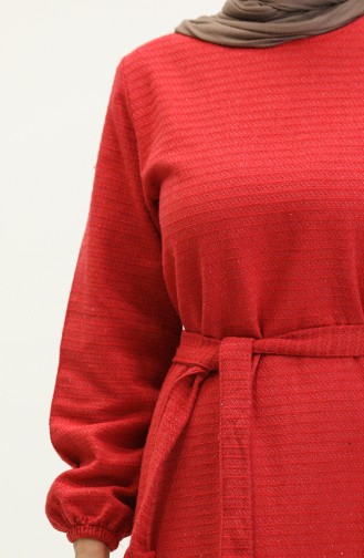 Tüvit Kumaş Kuşaklı Elbise 0275-09 Bordo