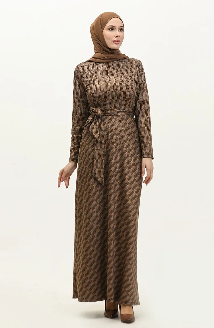 Başak Desen Elbise 0149-02 Bej