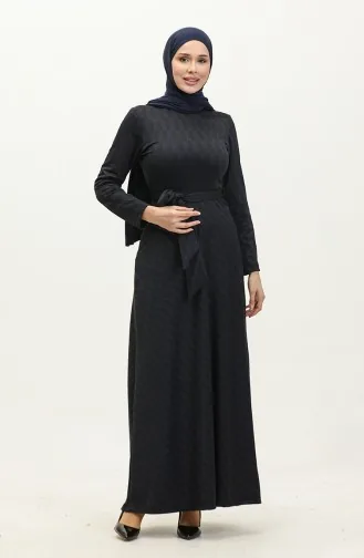فستان منقوش بحزام 0149-03 كحلي 0149-03
