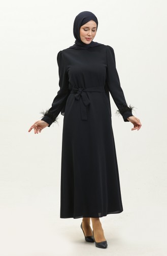Feather Detailed Evening Dress 2011-06 Navy Blue 2011-06