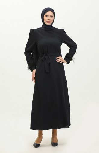 Feather Detailed Evening Dress 2011-06 Navy Blue 2011-06