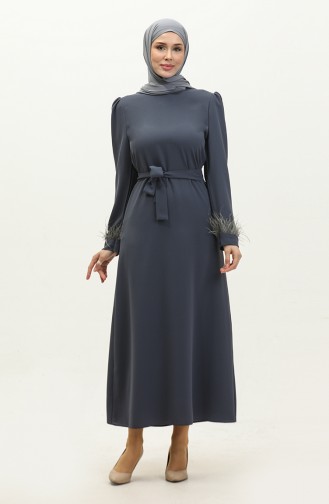 Tüy Detaylı Abiye Elbise 2011-07 Koyu Mavi