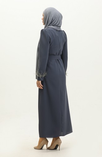 Tüy Detaylı Abiye Elbise 2011-07 Koyu Mavi