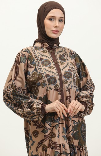 فستان منقوش 5571-05  بني فيزون 5571-05
