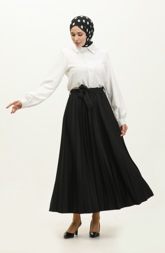 Belt Detailed Pleated Hijab Skirt 30331-05 Black 30331-05