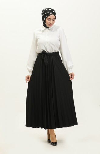 Belt Detailed Pleated Hijab Skirt 30331-05 Black 30331-05