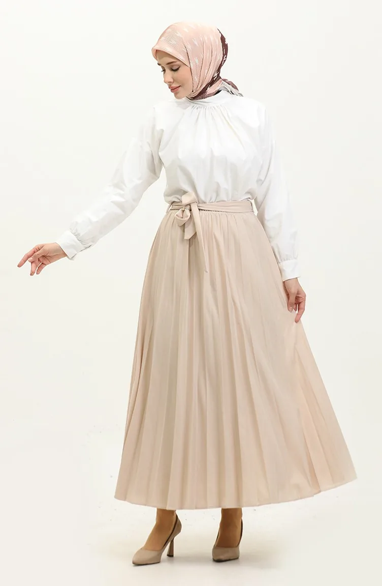 Gürteldetaillierter Hijab-Rock Mit Falten 3033-1 30331-01 Creme 30331-01