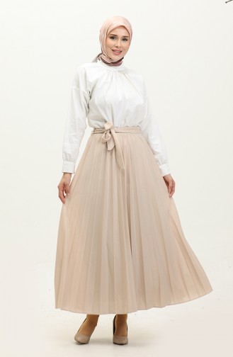 Belt Detailed Pleated Hijab Skirt 30331-09 Cream 30331-09
