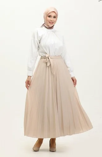 Gürteldetaillierter Hijab-Rock Mit Falten 3033-1 30331-01 Creme 30331-01