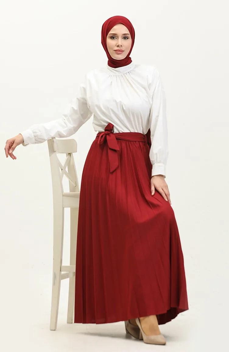 Jupe Hijab Plissée Détail Ceinture 30331-06 Rouge Claret 30331-06