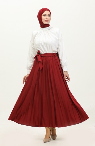 Belt Detailed Pleated Hijab Skirt 30331-06 Claret Red 30331-06