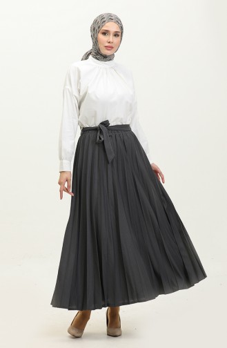 Belt Detailed Pleated Hijab Skirt 30331-03 Smoke Colored 30331-03