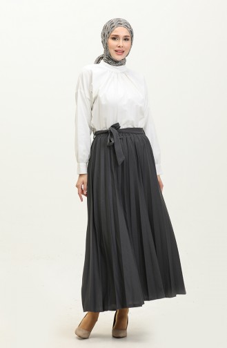 Belt Detailed Pleated Hijab Skirt 30331-03 Smoke Colored 30331-03