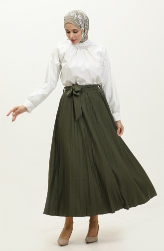 Belt Detailed Pleated Hijab Skirt 30331-02 Khaki 30331-02