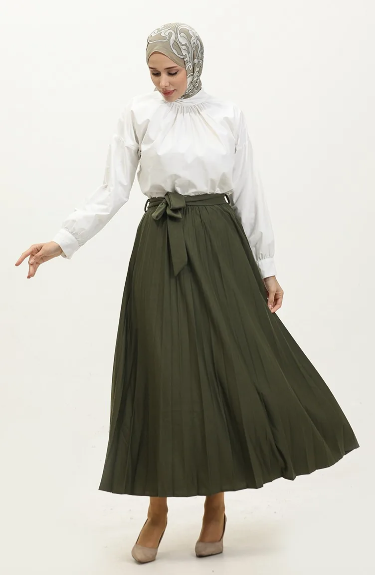 Jupe Hijab Plissée Détail Ceinture 3033-1 30331-08 Khaki 30331-08