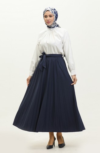 Belt Detailed Pleated Hijab Skirt 30331-01 Navy Blue 30331-01