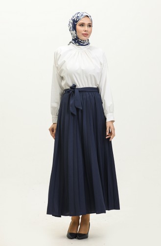 Jupe Hijab Plissée Détail Ceinture 30331-01 Bleu Marine 30331-01
