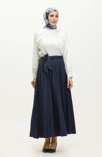 Jupe Hijab Plissée Détail Ceinture 30331-01 Bleu Marine 30331-01