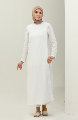 Abaya Brodée En Tissu Şile 0096-04 Blanc 0096-04