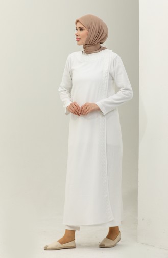 Abaya Brodée En Tissu Şile 0096-04 Blanc 0096-04