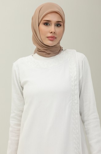 Abaya Brodée En Tissu Şile 0096-04 Blanc 0096-04