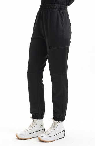 Women`s Elastic Waist Zipper Pocket Trousers 1402 1402-01 Black 1402-01
