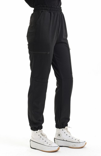 Women`s Elastic Waist Zipper Pocket Trousers 1402 1402-01 Black 1402-01