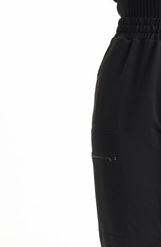 Women`s Elastic Waist Zipper Pocket Trousers 1402 1402-01 Black 1402-01