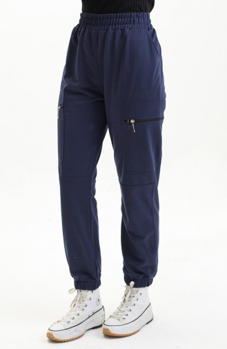 Women`s Elastic Waist Zipper Pocket Trousers 1402 1402-04 Navy Blue 1402-04