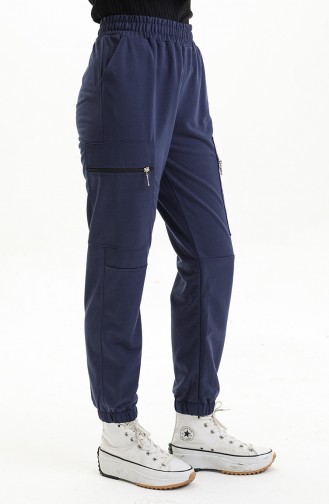 Women`s Elastic Waist Zipper Pocket Trousers 1402 1402-04 Navy Blue 1402-04