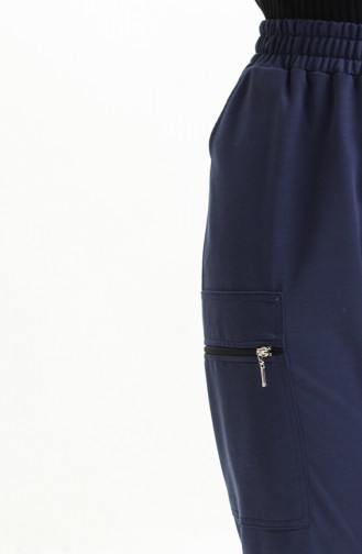 Women`s Elastic Waist Zipper Pocket Trousers 1402 1402-04 Navy Blue 1402-04