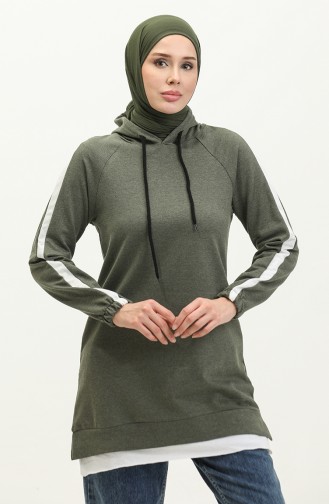 İki İplik Kapüşonlu Sweatshirt 23031-04 Haki