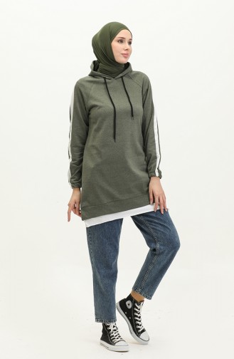 İki İplik Kapüşonlu Sweatshirt 23031-04 Haki