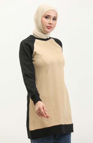 Sıfır Yaka Sweatshirt 23052-01 Bej Siyah
