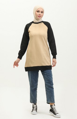 Sıfır Yaka Sweatshirt 23052-01 Bej Siyah