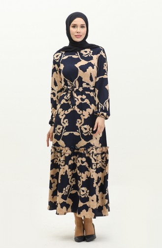 Patterned Belted Viscose Dress 0277-01 Navy Blue 0277-01