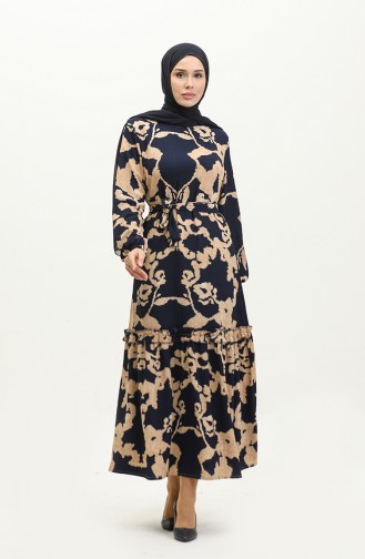 Patterned Belted Viscose Dress 0277-01 Navy Blue 0277-01