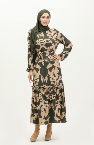 Patterned Belted Viscose Dress 0277-02 Khaki 0277-02