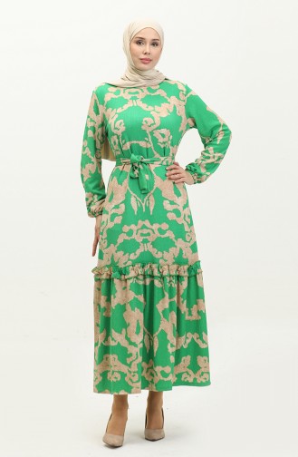 Patterned Belted Viscose Dress 0277-03 Green 0277-03