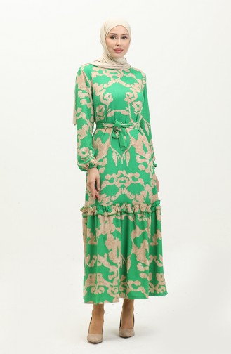 Patterned Belted Viscose Dress 0277-03 Green 0277-03
