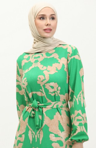 Patterned Belted Viscose Dress 0277-03 Green 0277-03