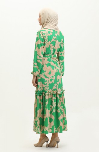 Patterned Belted Viscose Dress 0277-03 Green 0277-03