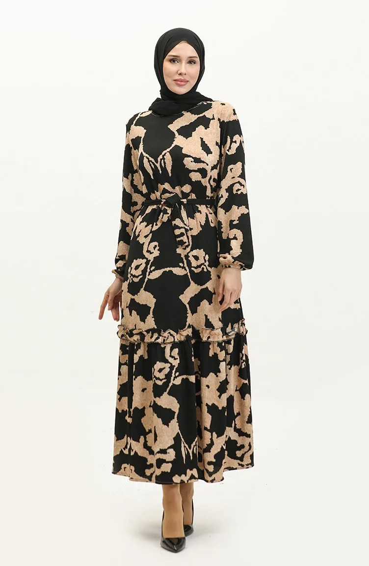 Robe Viscose A Motifs Et Ceinturée 0277-04 Noir 0277-04