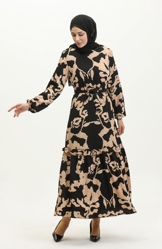 Patterned Belted Viscose Dress 0277-04 Black 0277-04