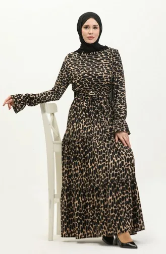 Gemustertes Viskosekleid Mit Gürtel 0278-02 Nerzschwarz 0278-02