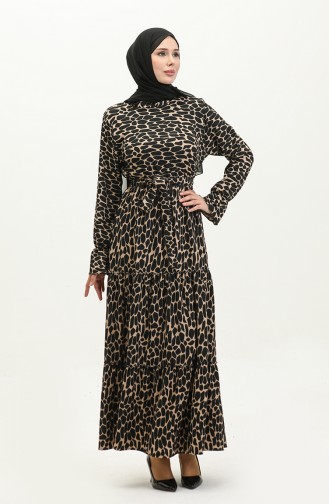 Patterned Belted Viscose Dress 0278-02 Mink Black 0278-02