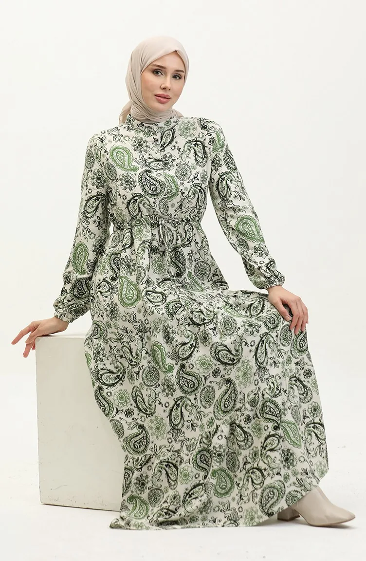 Robe Viscose à Motifs 0279-02 Ecru Khaki 0279-02