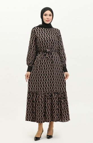 Geripptes gemustertes Kleid 0280-01 Schwarzer Nerz 0280-01