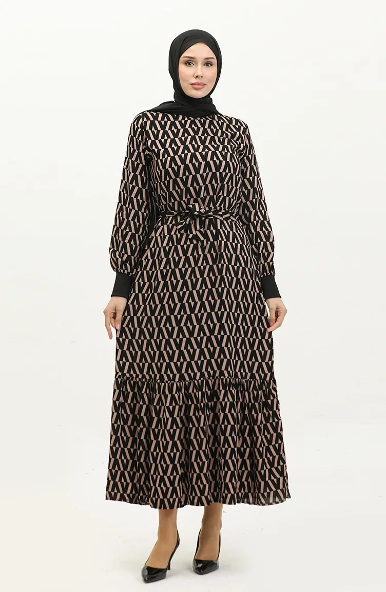 Robe Côtelée à Motifs 0280-01 Noir Vison 0280-01